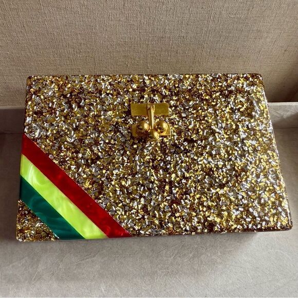 EDIE PARKER ACRYLIC CLUTCH – GOLD CONFETTI & RAINBOW STRIPE | HANDMADE | RARE - Picture 12 of 17